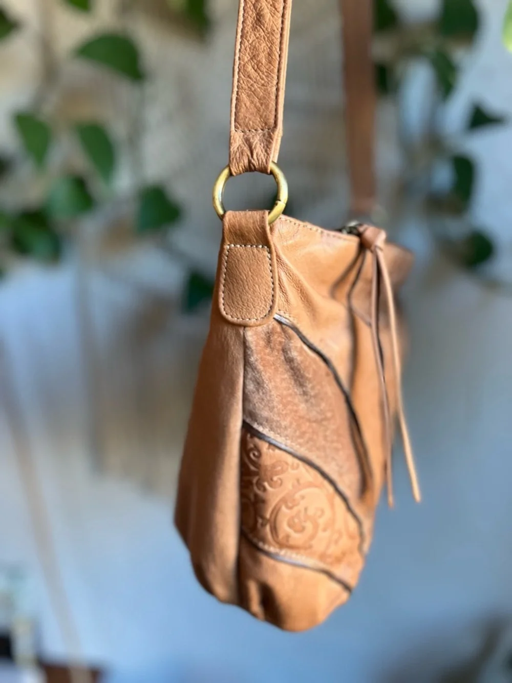 Vintage Boho Crossbody Bag Brown Patchwork Tooled Leather Style Slouchy Purse